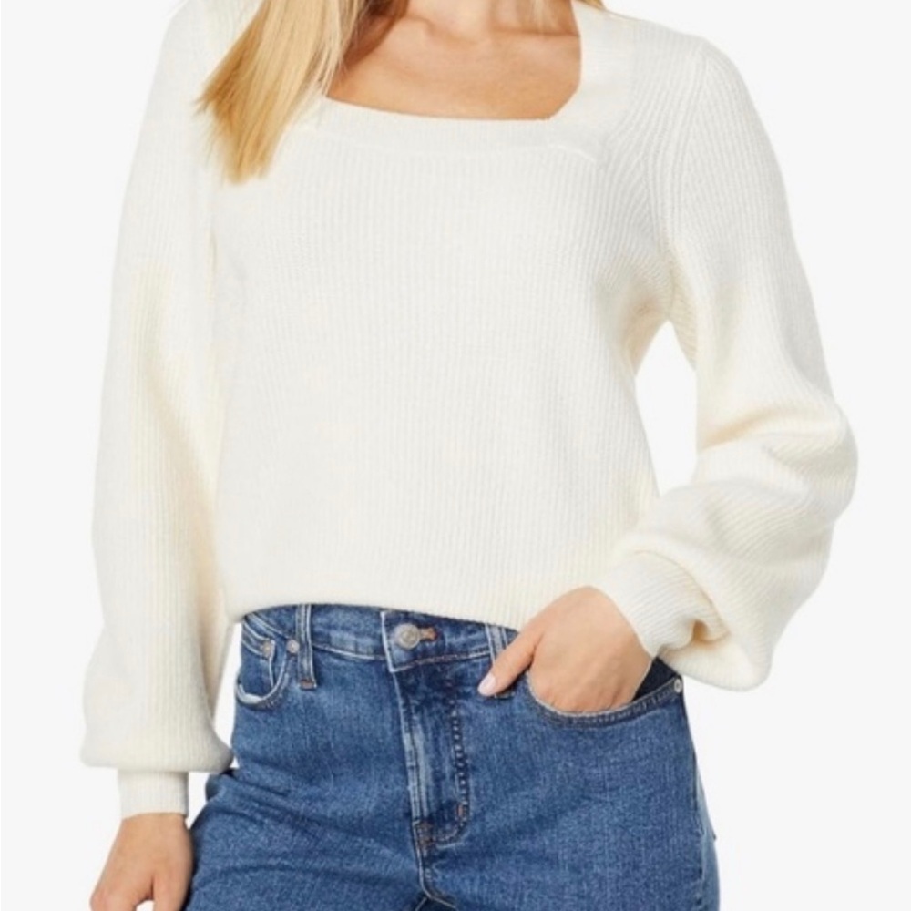 Madewell Ribbed Sweater Sz XL Cream Wool Blend Square Neck Pullover Puff Sleeve